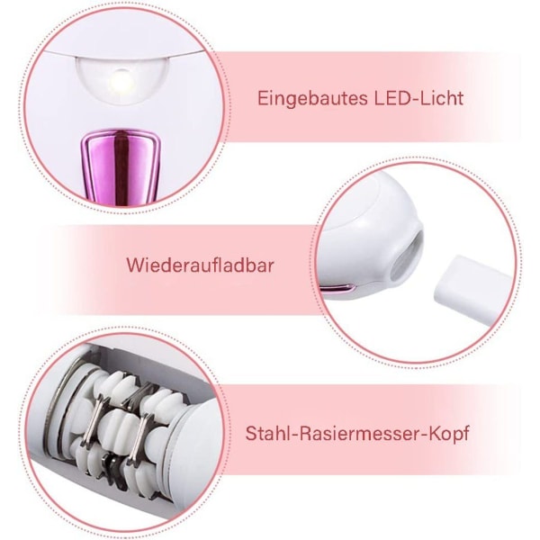 Epilator for kvinner, for ansikt, armhule, bikini og ben, med LED-lys