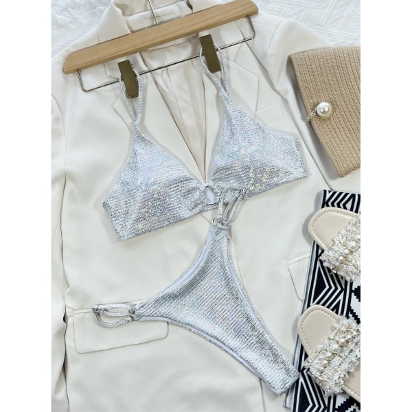 Dam O-Ring String Bikini Baddräkt Fräck Thong Badkläder Tvådelad Baddräkt Shiny Bikini Beachwear Set Silver L