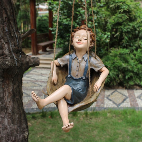 Swing Statue Garden decoration Sculpture Catinbow Boy on the farm Orn