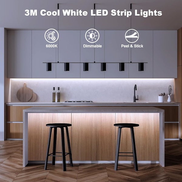 3m Paristokäyttöiset LED-valonauhat Kaukosäätimellä, Vedenpitävä, 8 Tilaa, Himmennettävä, Ajastin, Itsekiinnittyvä Leikattava (Kylmä Valkoinen)