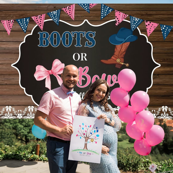 7x5 Ft Western Cowboystövlar och rosetter Könsavslöjande bakgrund för pojke eller flicka Baby shower Nyfödd fest Fotobakgrundsfestdekoration