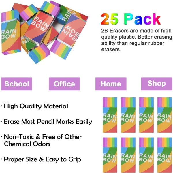25 st 2B Eraser Plast Erasers Mjukt Eraser, färgade söta Erasers Pencil Eraser för artist, barn, skola och kontor