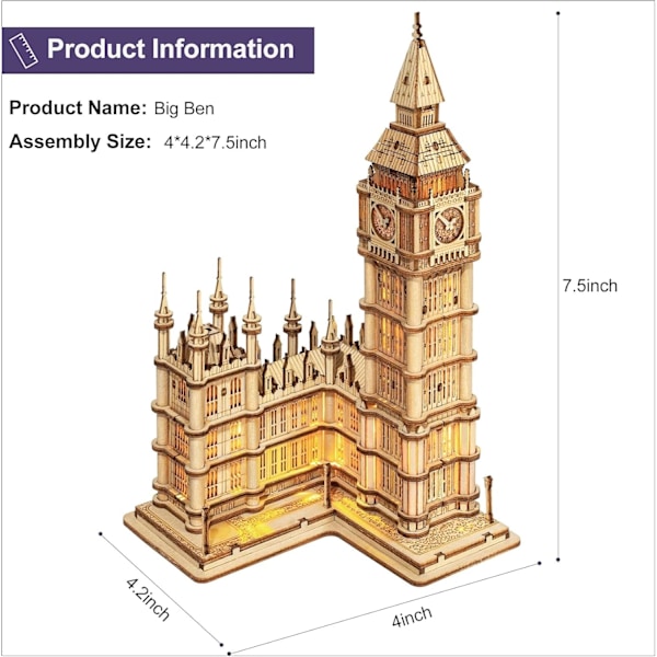 3D-palapeli Big Ben - Puinen mallirakennussetti aikuisille, joilla voit rakentaa oman laserleikatun palapelin - Paras syntymäpäivälahja