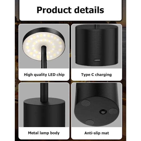 Trådløs oppladbar dimbar aluminium metall touch LED bordlampe nattlys for restaurant, hotell, stue, lesekrok, svart