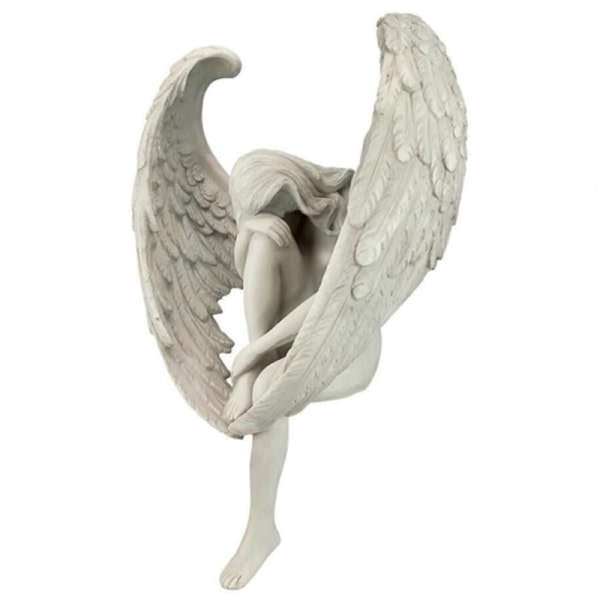 Den ängsliga ängeln Långvingad sittande staty Harts Sorgfull ängelfigur Minnesmärke Gåva Kyrkogårdsstatyer Grå ängel
