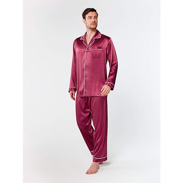 Männs sidenliknande pyjamasset, långärmad PJ-set med knappar och fickor i vinrött wine red xxl