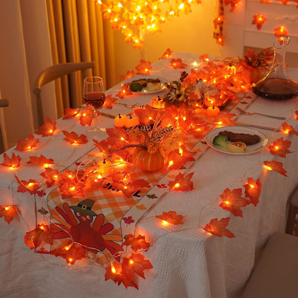 2 stk, totalt 20 fot 40 LED-belyst høstgirlander lønneblader for Halloween-ferie høst høst høst Thanksgiving-dekor