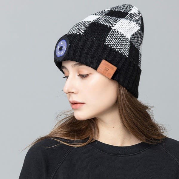 LED-hatt Bluetooth-hørlursmössa med lys modus vinterhatt for män Kvinnor Resor Utomhus Löpning Fotvandring Sykling Svart buffelpläd