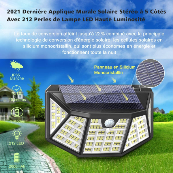 Utendørs solcellelys 2 stk 212 LED solcelledrevet utendørs wa