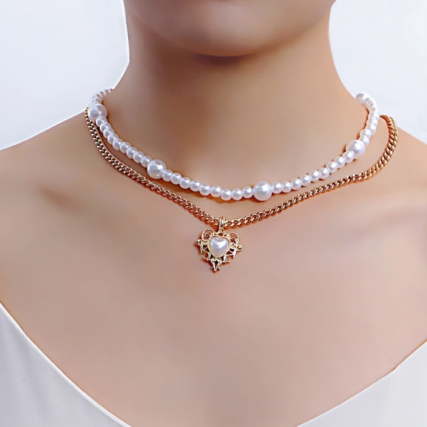 Pakke Faux Pearl Layered Necklace Heart Choker Necklace
