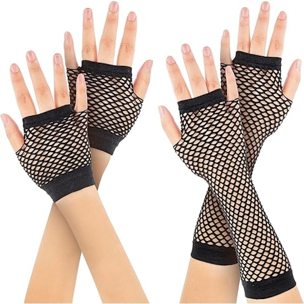 2 par långa och korta fiskenät handskar (svart) Fingerless fiskenät handskar Mesh handskar 80-tal fiskenät handskar Handskar för 80-talets utklädnad