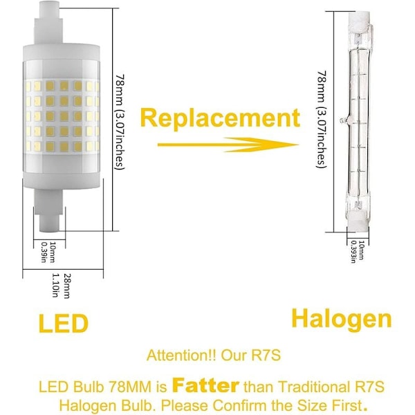 2-pakning 78mm R7S LED-pære, 10W dimbar J78, 100W T3 halogen erstatning, varm hvit 3000K