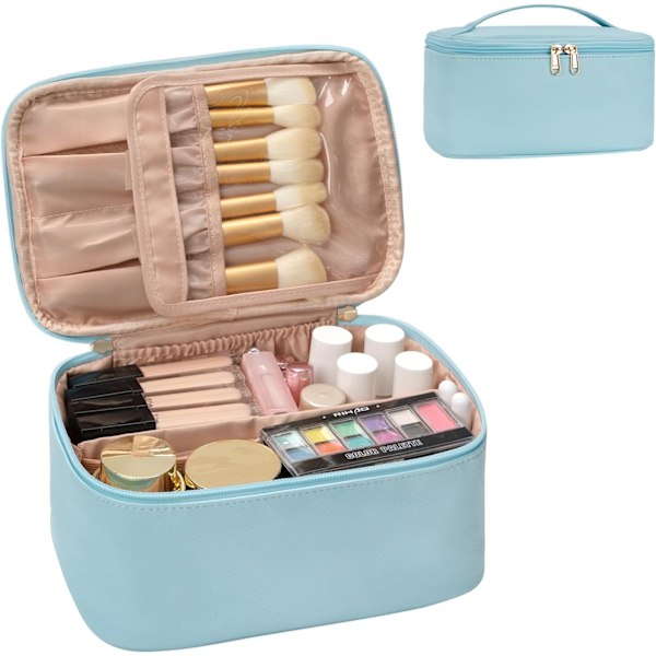 Travel Makeup Bag, Portable Cosmetic Bag with Makeup Brush Organiser Large Capacity Make up Case Water-Resistant Toiletry Bag for Women，Blue