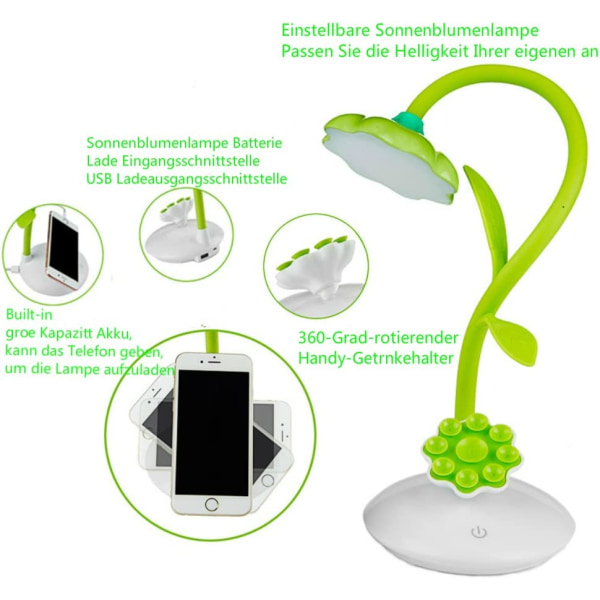 Grön LED-skrivbordslampa för barn, sänglampa med