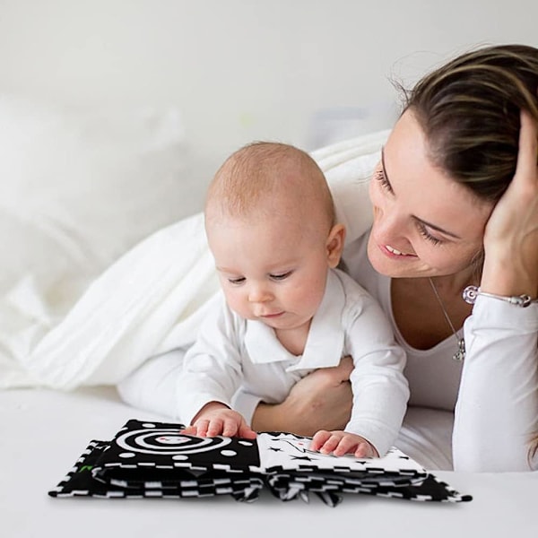 Svartvita babysensoriska leksaker med hög kontrast, mjuk babybok för
