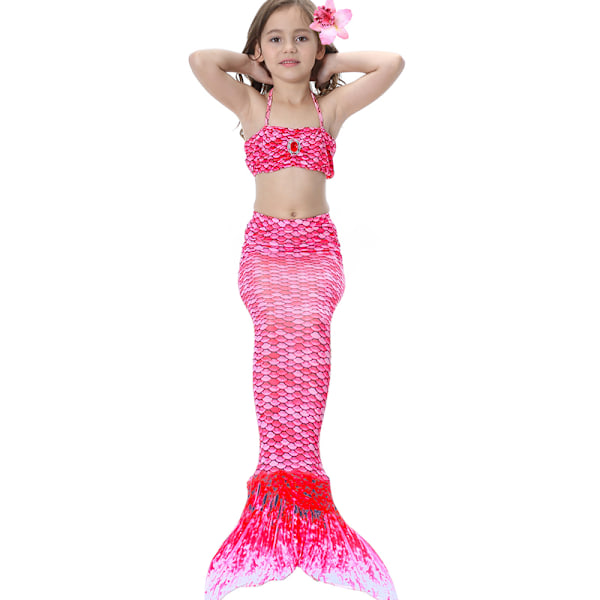 Barn Pige Mermaid Hale Sæt Sommer Badedragt Badetøj Rose Rød rose  red 130cm