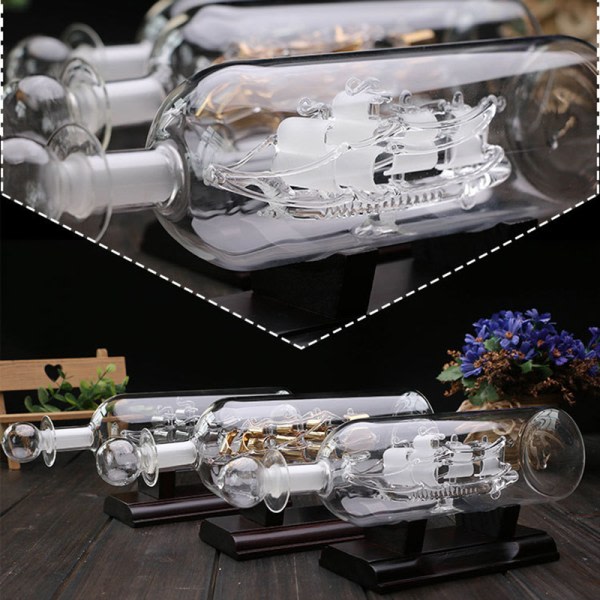 Segelbåt drivande flaska med träbotten 3D dekorativ glasprydnad Skepp ja vinflaska 24*10,2 cm Guld