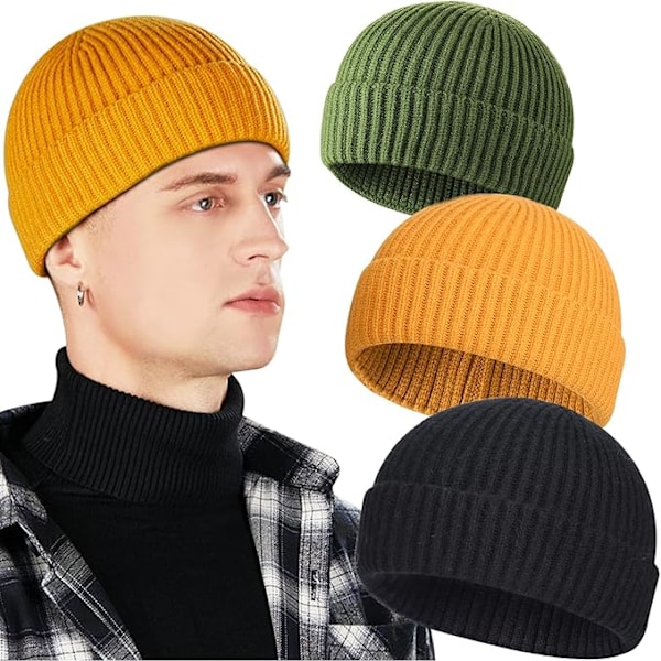 3-pack Ullfiskarkepsar för Män, Kort Stickad Watch Cap med Kant D