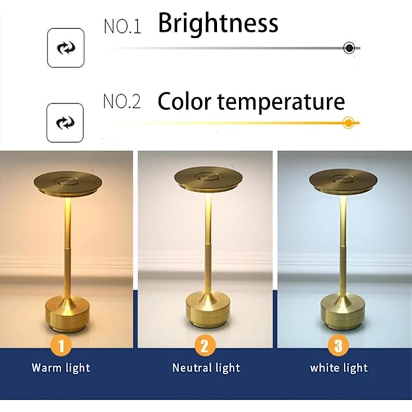 Trådløs Lampe Øyebeskyttelse LED Trådløs Lampe, Trådløs Bordlampe Oppladbar, Touch Tre-Fargejustering Trådløs Lampe Gull Gold