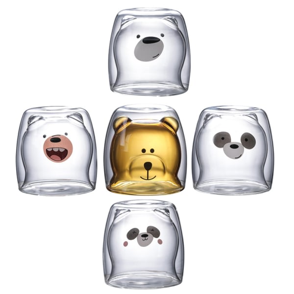 Tecknad björnkopp dubbellager genomskinliga glaskoppar kaffemugg par esittäjä 1