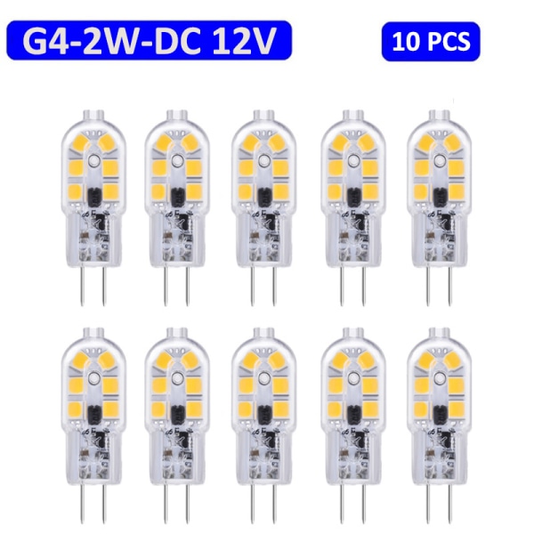 10-pakning G4 LED-lampe 2W, DC 12V belysningslampe, 6000K vit