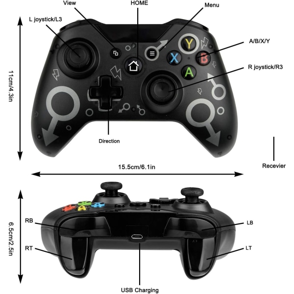 Trådløs håndkontroll for Xbox One, Xbox-kontroll med 2,4 GHz trådløs adapter, Xbox One X/Xbox One S/PS3 og PC (svart)