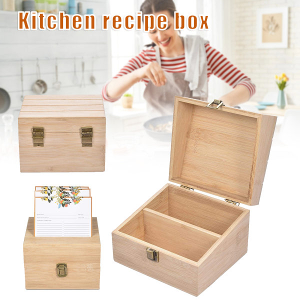 Bambu Wood Recept Box med 50 kort Multifunktionellt handgjort fodral Praktiskt köksredskap Primärfärger