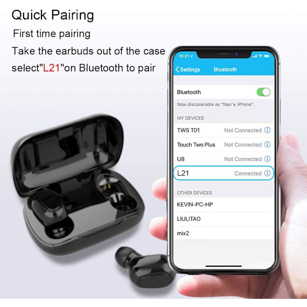 Bluetooth-hörlurar i örat, trådlöst sportheadset, Nakeey L21 Bluetooth 5.0 stereoljudinställning trådlösa Bluetooth-hörlurar