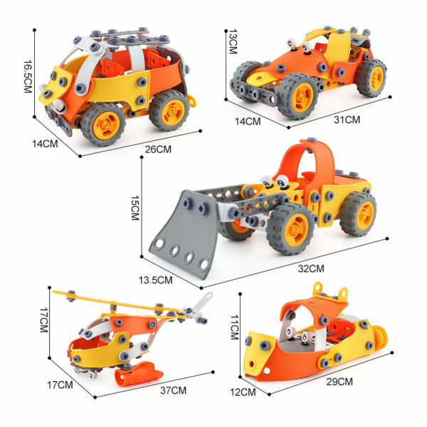 Byggleksak för gör-det-själv 148 delar, 5 fordonsmodeller, tidig