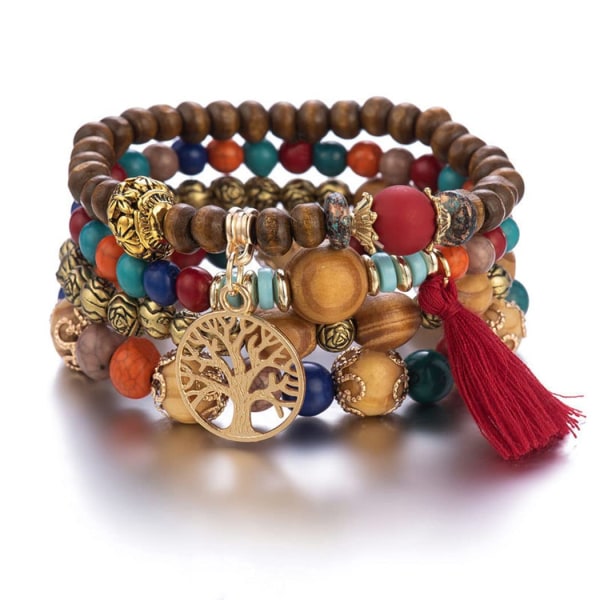 Boheme Træperle Armbånd til Kvinder, Multi-Lag Elastisk