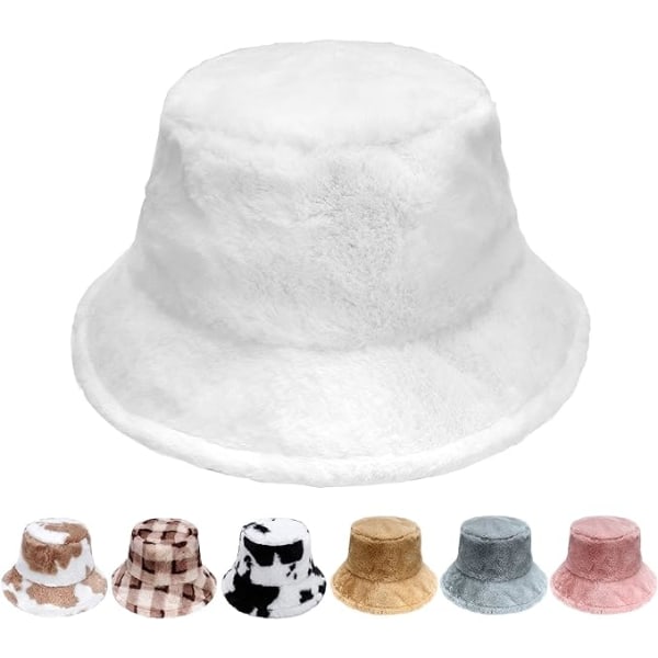 Winter Bucket Hat - Fluffy Fisherman Hat Dam Mjuk Fuzzy Fur Vinter Hat Fuzzy Furry Warm Hat Tjock opdrættet brättad plyschhatt for women Flickor，Vit