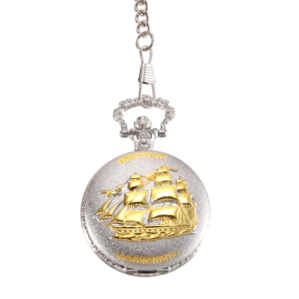 Vintage lommeur Quartz Watch Cool Chain Golden Sailboat Cover klokker Sølv