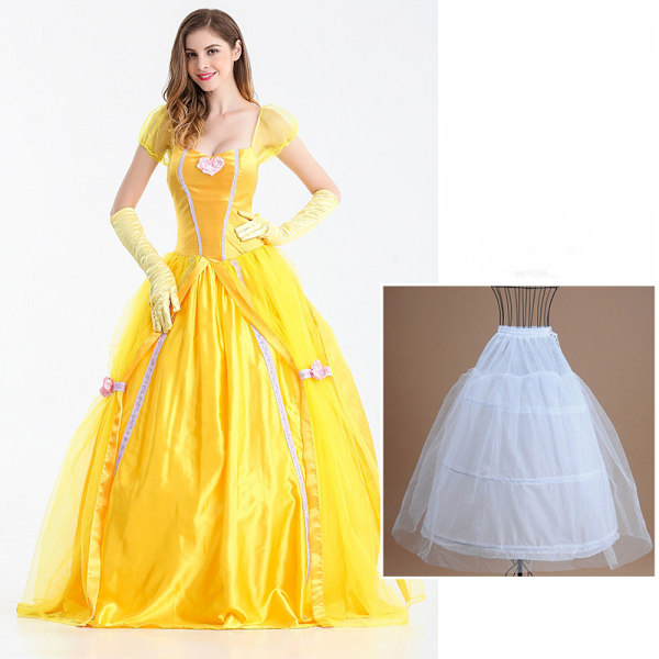 Belle mekko aikuisten prinsessapuku juhliin karnevaaliin cosplay-esitykseen halloweeniin keltainen asu käsineillä ja suurella krinoliinilla，M
