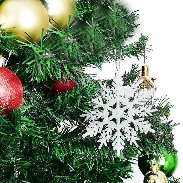 24 st Plast Jul Glitter Snowflake Ornaments Xmas Tree DecorWhite