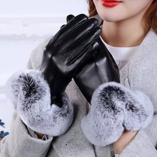 Sammetsimitation kaninpäls PU-handskar Bekväma andningshandskar for kvinder flickor sort en størrelse