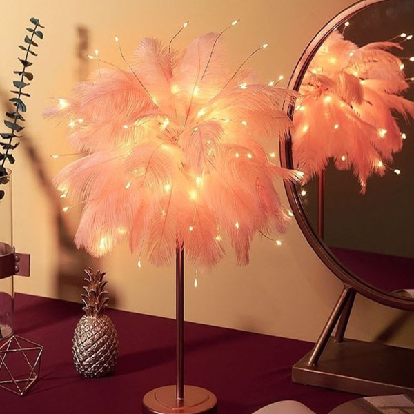Feathers bordslampa fjäderlampa med fjernkontroll, fjäderlampskjerm nattlampa, luksuriøs dekorasjon rosa