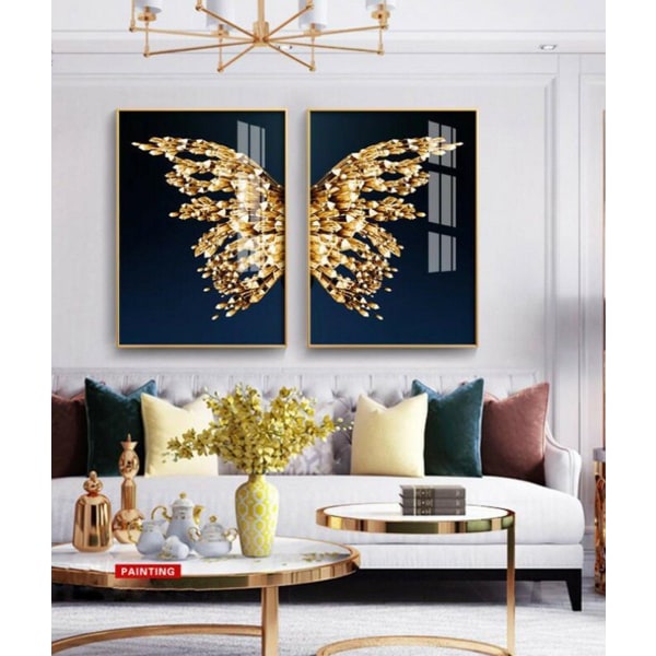 Pair of Wings -teema, print kankaalle - seinämaalaus / pohjoismainen taide - kultainen perhonen sinisellä pohjalla (kehystämätön 20*30cm)