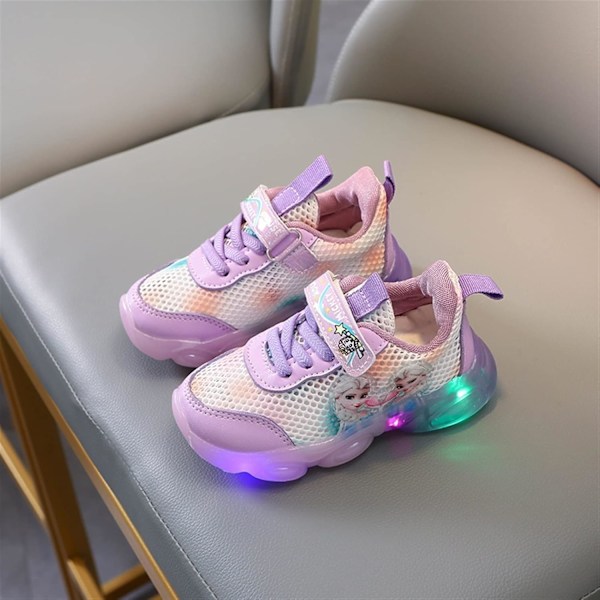 Elsa sko, prinsesse sko, jenter lysende sko, barn ledde sneakers, gutter jenter lett mesh stoff sko kors trening sko casual barn sneakers Lilla Purple 24