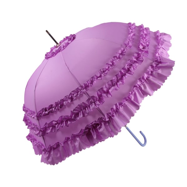 Söt prinsessa spetsparaply med långt håndtag halvautomatisk Sunny Rain Bröllopsparaply Lila