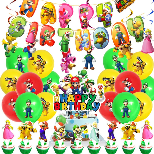Super Mario Bros -setti Mario Lateksipallo Vetolippu Tarvikkeet Hyvää syntymäpäivää Bannerit Lapset Cupcake-kotelot