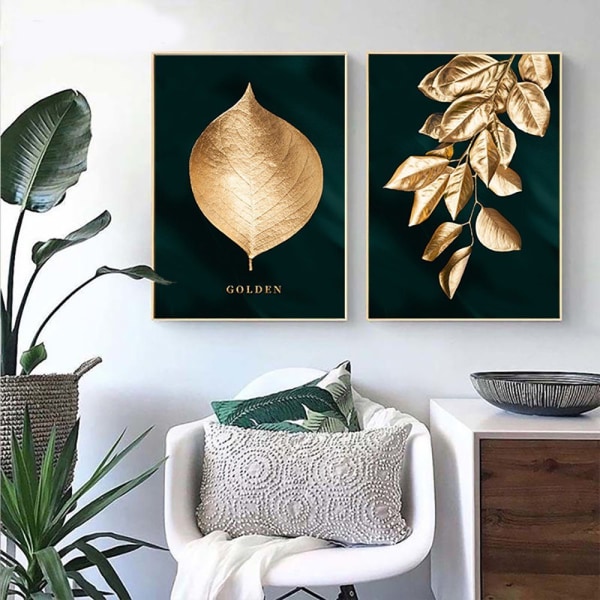 Sett med 3 designplakater på veggen, Forest Golden Leaves Palm L
