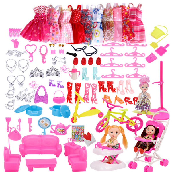118 stykker Barbie tilbehör leksaker DIY-materiale pakke docka kläder hängande kjol barn