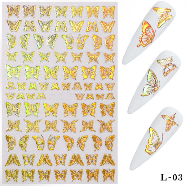 Butterfly Nail Art Stickers, 8 ark Guld Sølv 3D