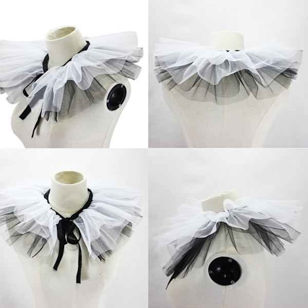 Dam Renässans Tyll Ruffsig Falsk Krage Lagerad Svart Vit Mesh Clown Choker Snörband Victorian Hals Ruff Sjal Cosplay Rekvisita