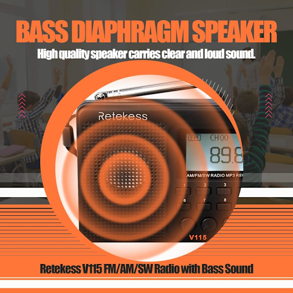 V115 Digital Bärbar Radio, AM FM Personlig Transistorradio, Stöd för TF-kort med inspelare, MP3-spelare, Sömntimer (Svart)