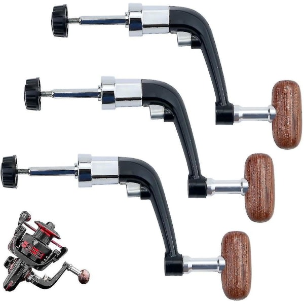 3-Pack Fishing Reel Handle Metal Fishing Spinning Reel Crank Replacement with Rotatable Wooden Grip