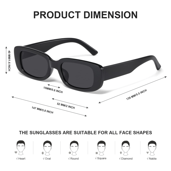 Rektangulære solbriller for kvinner Menn Trendy Y2k Retro 90s