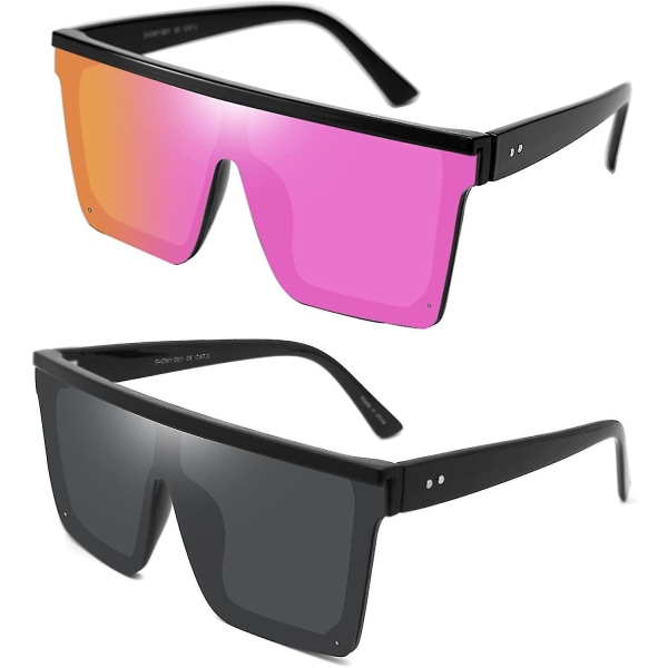 Heytea 2 par fyrkantiga solglasögon med platt topp för kvinnor och män, stora trendiga överdimensionerade ramlösa nyanser stora spegelglasögon