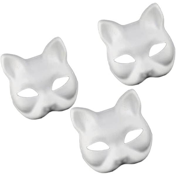 3 stk kattemasker hvite papir tomme håndmalte ansiktsmasker DIY umalte dyr halv ansiktsmasker for bursdagsfest favoriserer Sup