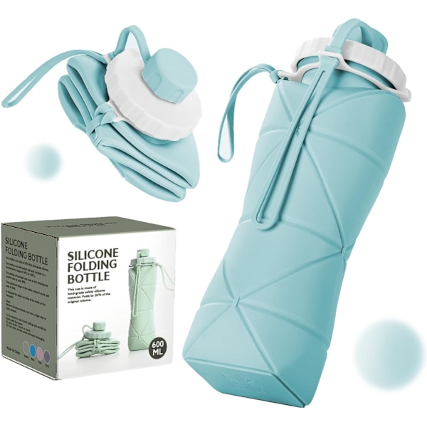Kokoontaitettava silikoninen urheilujuomapullo 600 ml, kevyt kokoontaitettava juomapullo, uudelleenkäytettävä, tiivis Blue